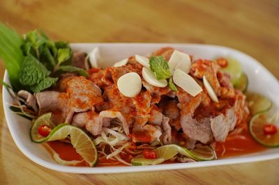 Close-up of meal served on table