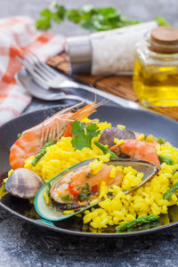Close-up of food served on table