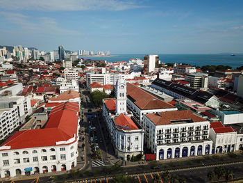 High angle view of buildings against sky