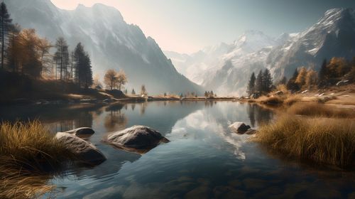 Scenic view of lake and mountains against sky