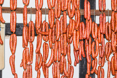 Sausages hanging in shop