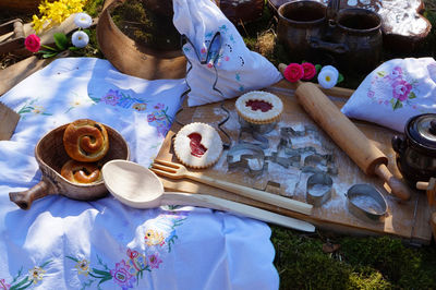 High angle view of people on table