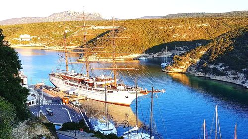 High angle view of boats moored in bay