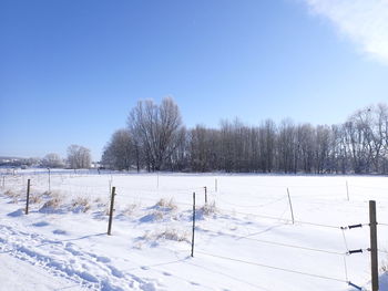 Snow covered field against sky