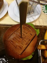 High angle view of bread in plate on table