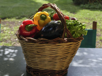 High angle view of food in wicker basket