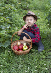 Portrait of cute girl picking apples