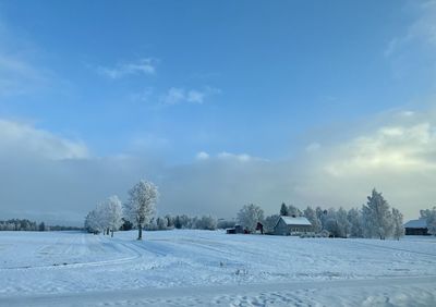 Snow covered landscape against sky