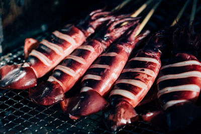 Close-up of seafood on barbecue