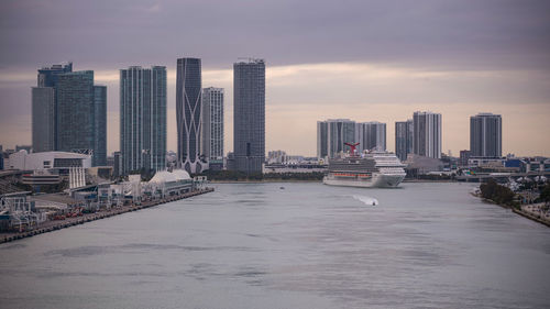 City at waterfront during sunset