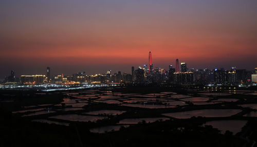 High angle view of city at sunset