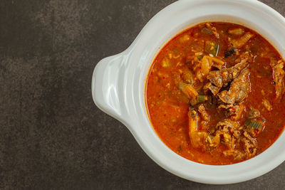 High angle view of soup in bowl on table