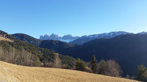 Scenic view of mountains against clear blue sky