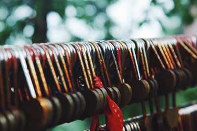 Close-up of religious equipment at temple