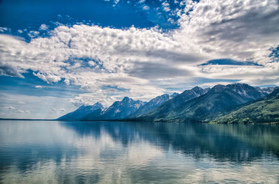 Scenic view of lake by mountains against sky