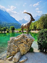 Sculpture of mammal on rock by lake against sky