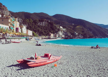 Scenic view of beach against clear blue sky