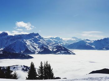 Scenic view of snowcapped mountains against sky