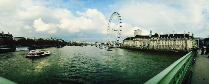 River in city against cloudy sky