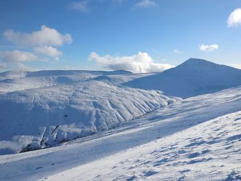 Scenic view of snow covered mountains against sky