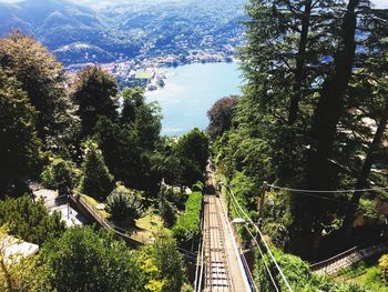 High angle view of railroad track amidst trees in town on sunny day 