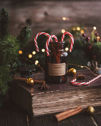 Close-up of christmas decoration on table