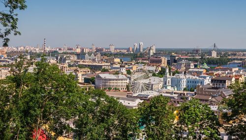 Top view of kiev from the side of the andriyivskyy descent, ukraine, on a sunny summer morning