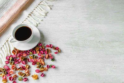 High angle view of coffee on table
