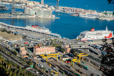 High angle view of city by sea