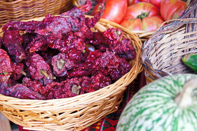 High angle view of strawberries in basket