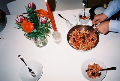 High angle view of food served on table