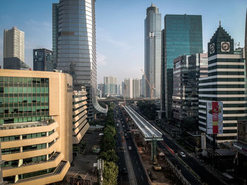 Panoramic view of city street and buildings against sky