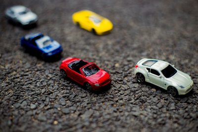 High angle view of toy car on road