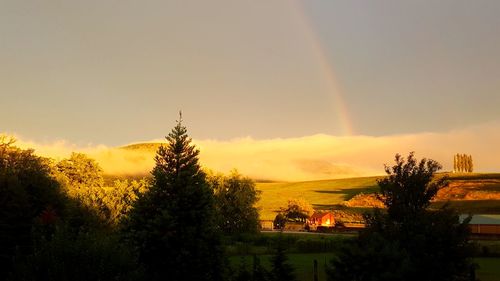 Scenic view of rainbow over landscape against sky