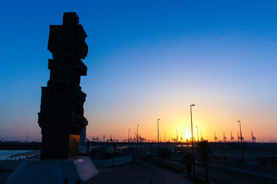 Silhouette built structure against clear sky at sunset