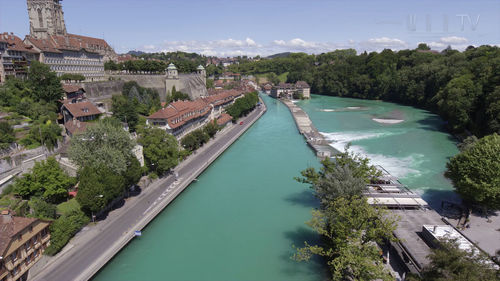 High angle view of swimming pool in city