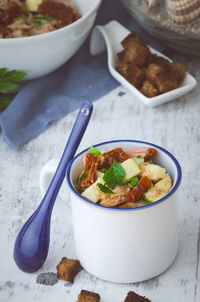 High angle view of food in cup on table