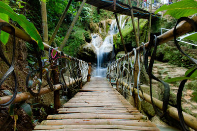 Low angle view through a bamboo bridge on the waterfall mudal river,  java, indonesia 