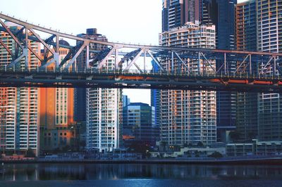 Bridge over river by buildings against sky in city