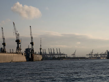 Cranes at commercial dock against sky during sunset