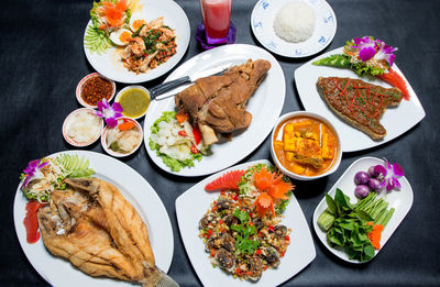 High angle view of food served on table