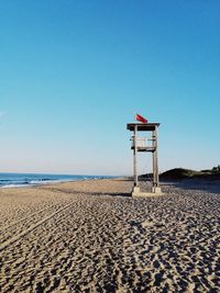 Lifeguard hut on beach against clear sky