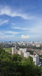 High angle view of buildings against sky