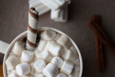 High angle view of coffee cup on table