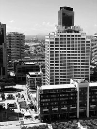 High angle view of buildings against sky