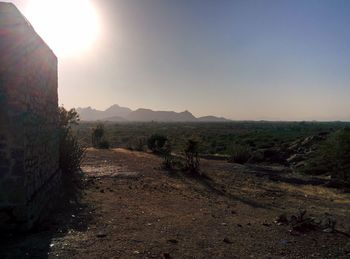 Scenic view of field against clear sky during sunset