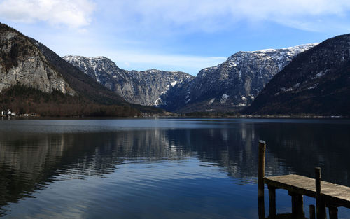 Scenic view of lake by snowcapped mountains against sky