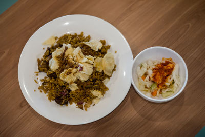 High angle view of meal served on table