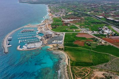 High angle view of boats in sea