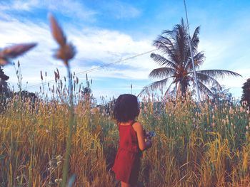 Rear view of boy on field against sky